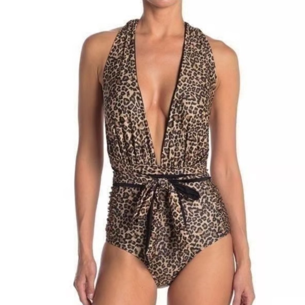 🆕Nicole Miller Leopard Print One-Piece Swimsuit Size S Halter Plunge Animal
